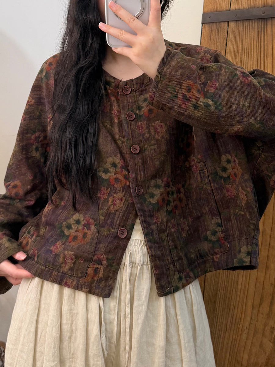 Women Fall Vintage Printed Long Sleeve Cotton Short Jacket
