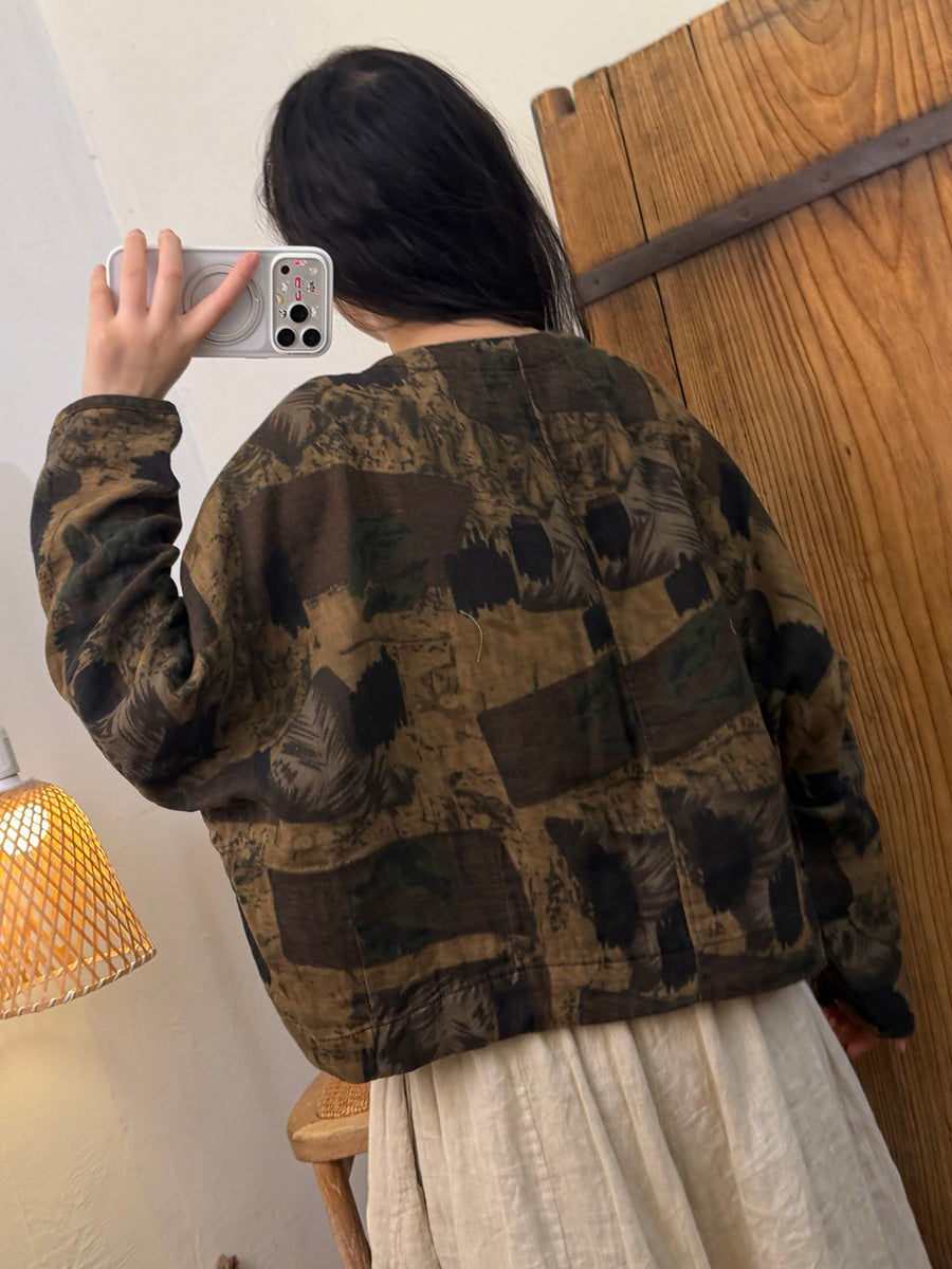 Women Fall Vintage Printed Long Sleeve Cotton Short Jacket