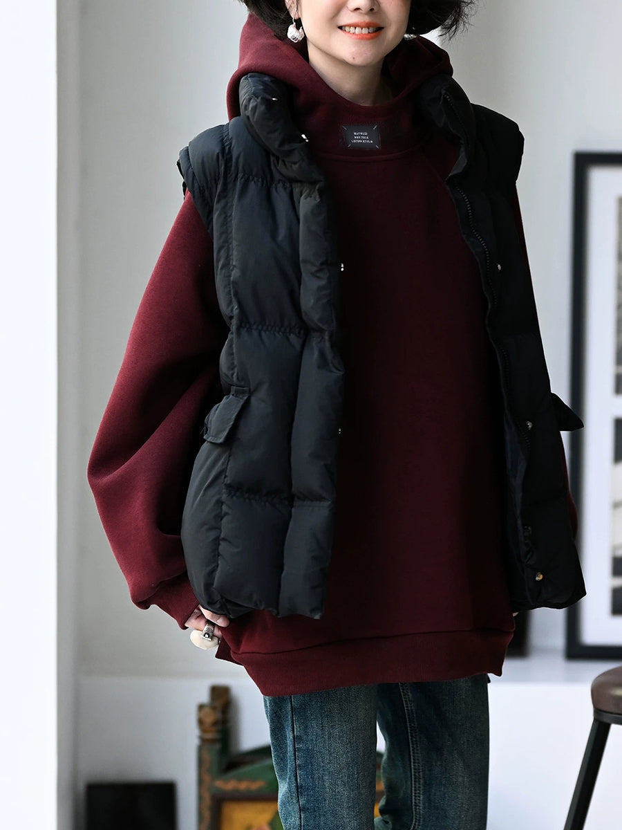 Plus Size Women Autumn Casual Pure Color Cotton Hoodie