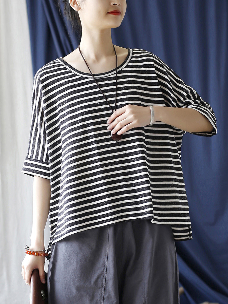 Women Summer Casual Stripe Loose O-Neck T-Shirt