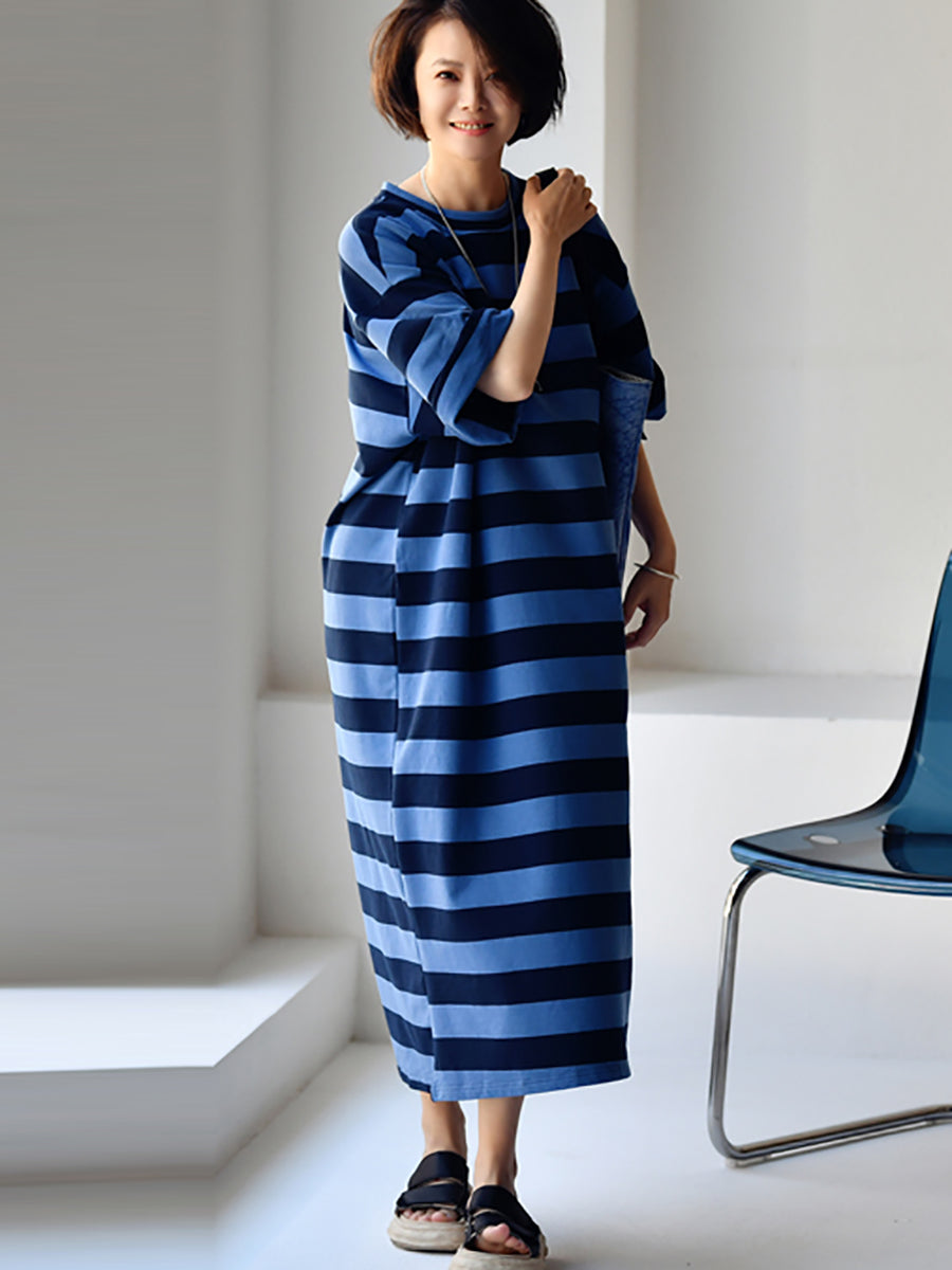 Plus Size Women Casual Stripe Loose Midi Dress