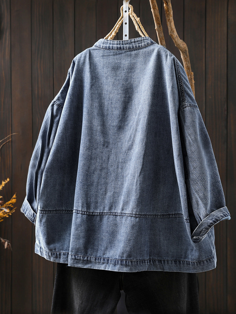 Plus Size Women Summer Retro Pure Color Stand Collar Denim Coat