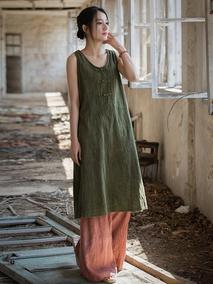 Women Summer Vintage Pure Color Linen Frog Button Vest Dress