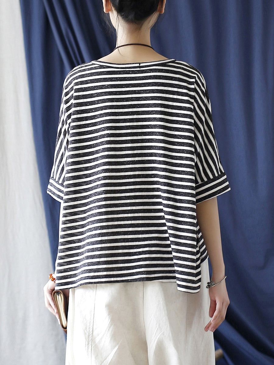 Women Summer Casual Stripe Loose O-Neck T-Shirt