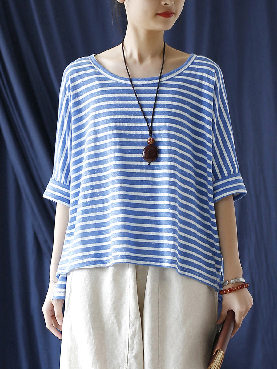 Women Summer Casual Stripe Loose O-Neck T-Shirt