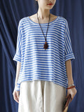 Women Summer Casual Stripe Loose O-Neck T-Shirt