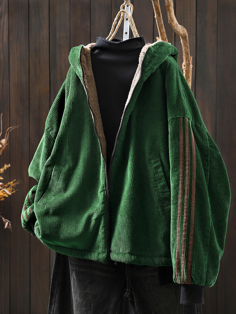 Plus Size Women Autumn Retro Pure Color Hooded Fleece Coat