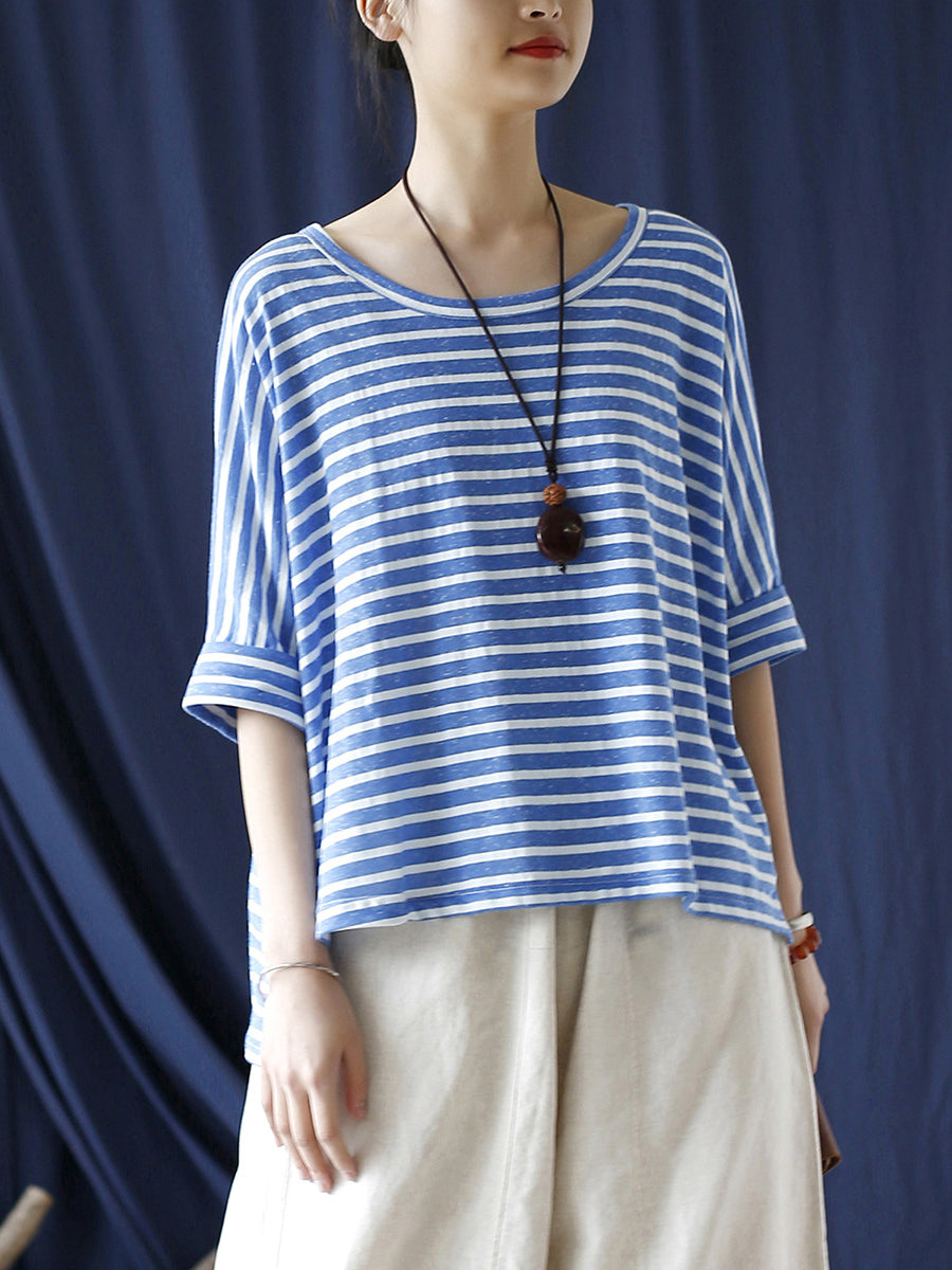 Women Summer Casual Stripe Loose O-Neck T-Shirt
