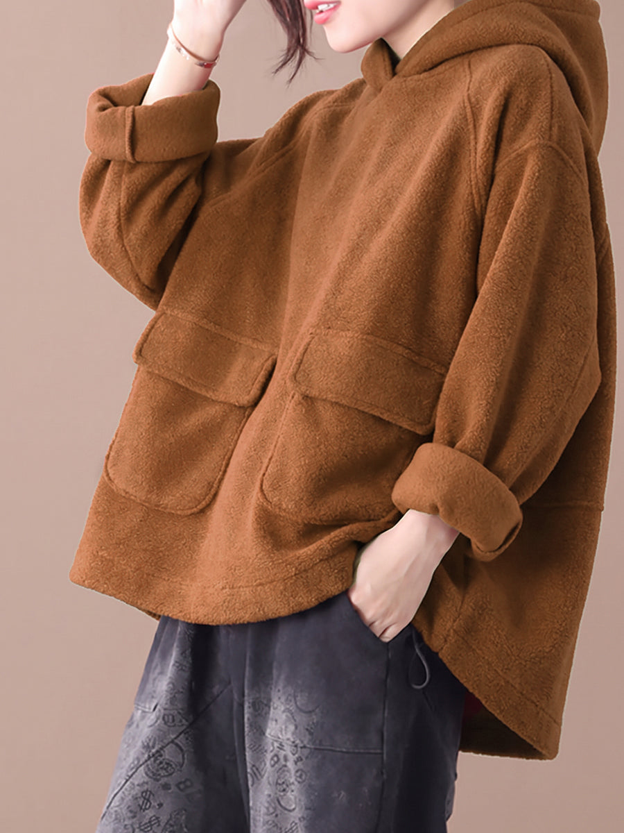 Plus Size Women Casual Solid Color Drawstring Loose Hoodie