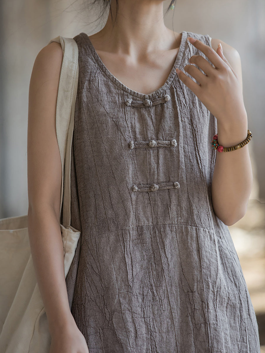 Women Summer Vintage Pure Color Linen Frog Button Vest Dress