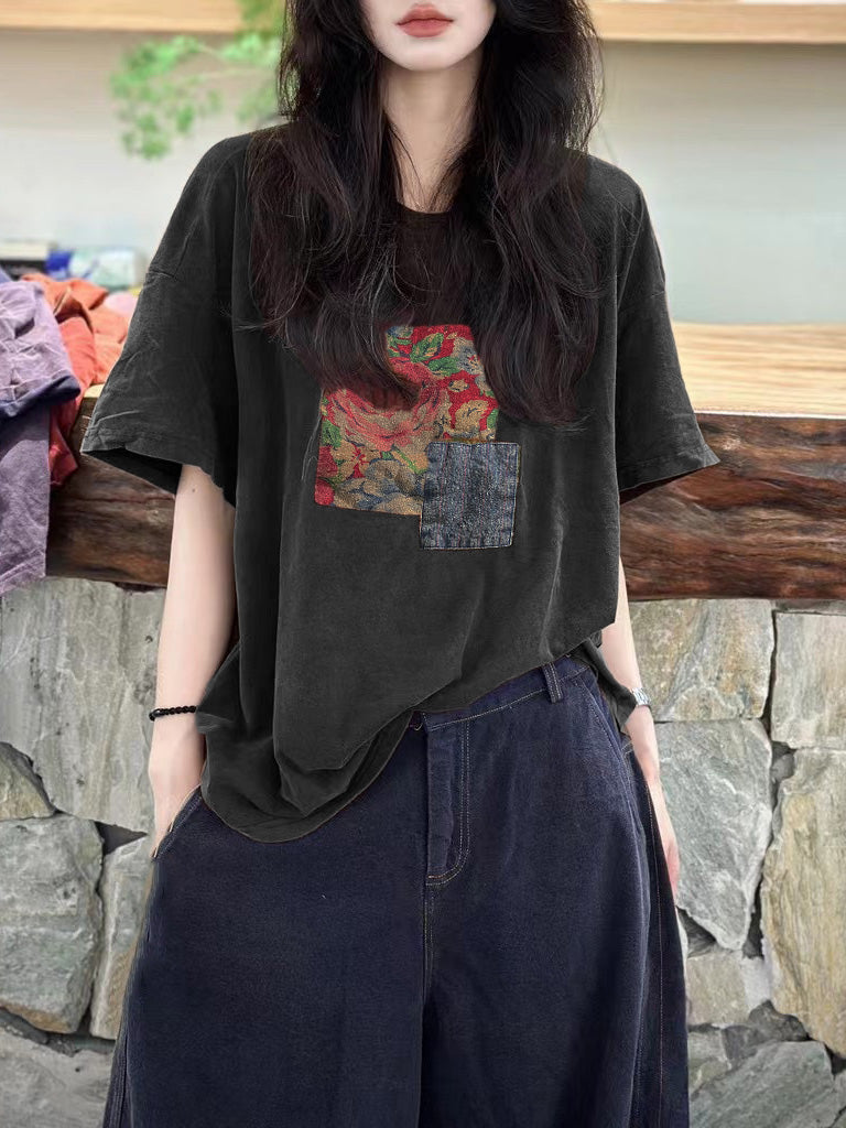 Plus Size Women Summer Patch Spliced 100%Cotton T-Shirt