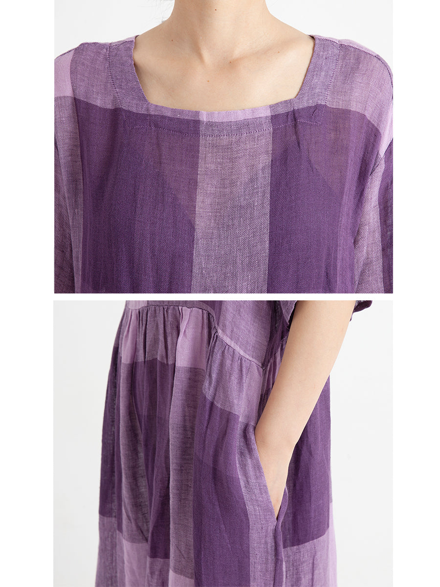 Plus Size Linen Casual Summer Short Sleeve Loose Pleated Plaid Dress