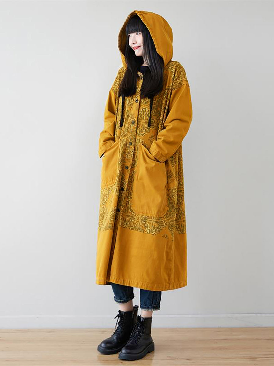 Plus Size Women Artsy Flower Spliced Long Denim Hooded Coat