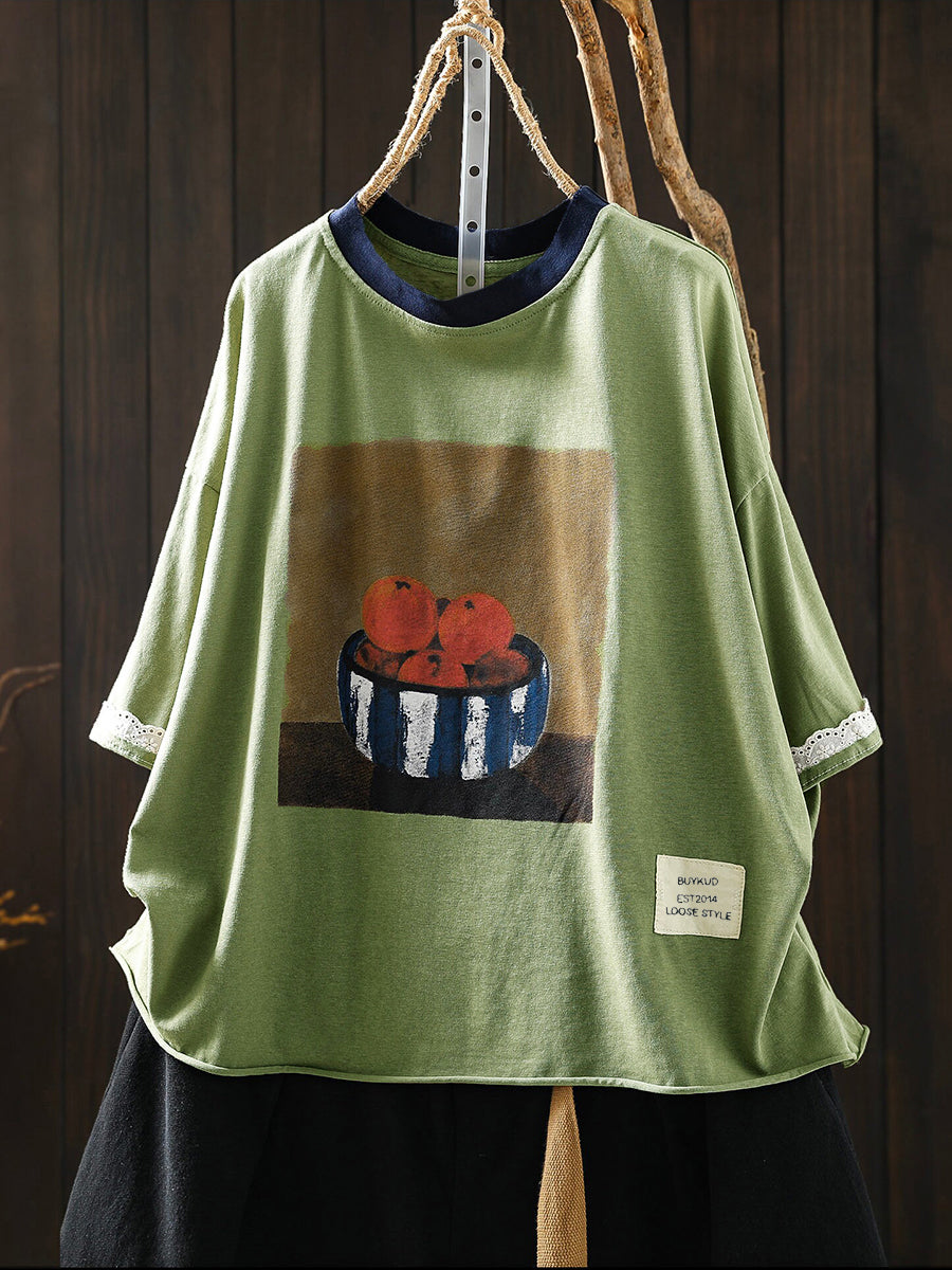 Plus Size Women Summer Casual Print O-Neck Cotton T-Shirt