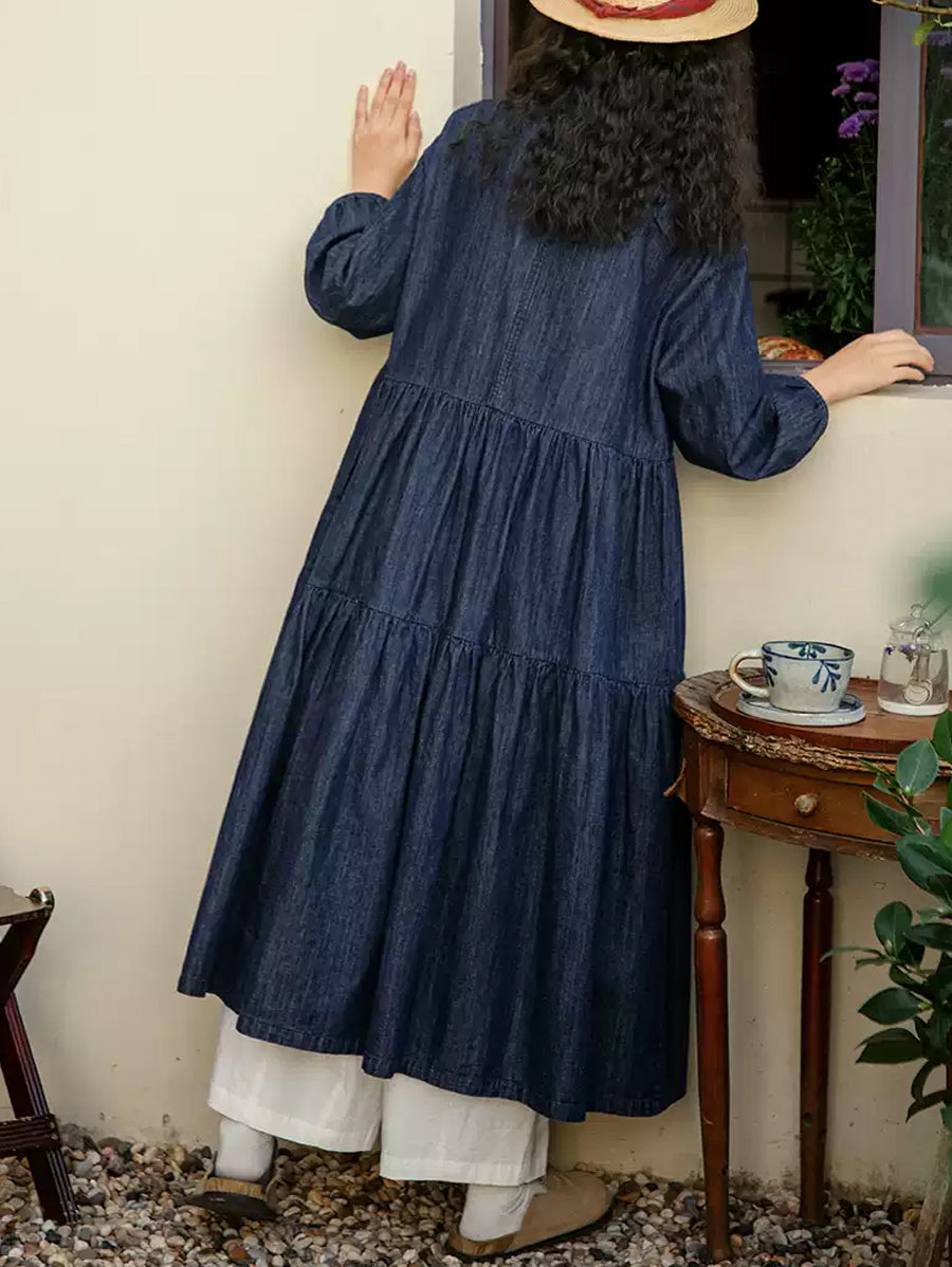 Plus Size Women Spring Pure Color O-Neck Denim Dress