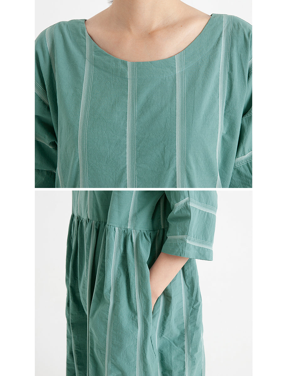 Plus Size Cotton Casual Summer Three-Quarter Sleeve Loose Pleated Dress
