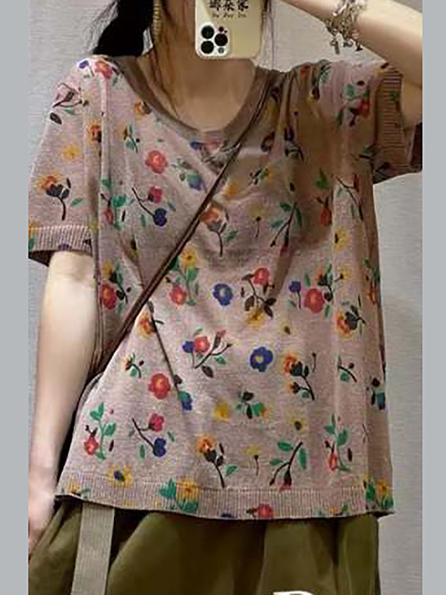 Women Casual Flower Summer Loose Pullover T-Shirt