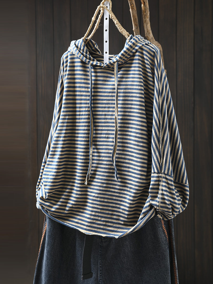 Plus Size Women Autumn Artsy Stripe Cotton Hooded Hoodie