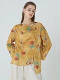 Plus Size Flower Prints Long Sleeve Spring Women Linen T-Shirt M-2XL