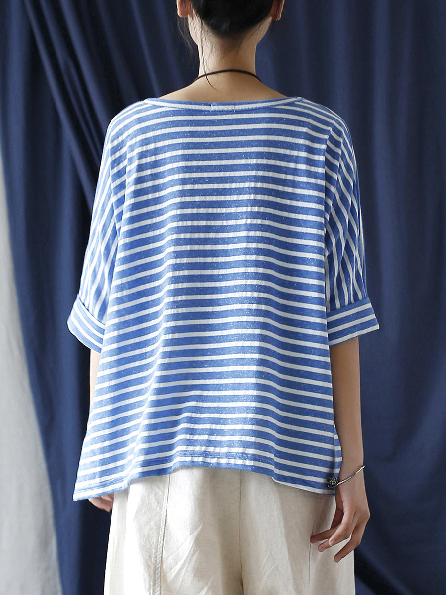 Women Summer Casual Stripe Loose O-Neck T-Shirt
