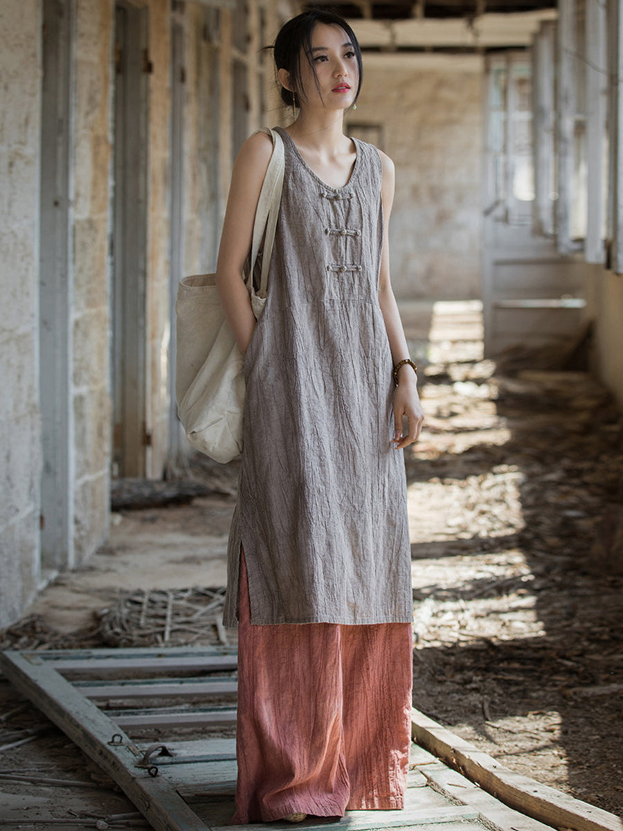 Women Summer Vintage Pure Color Linen Frog Button Vest Dress