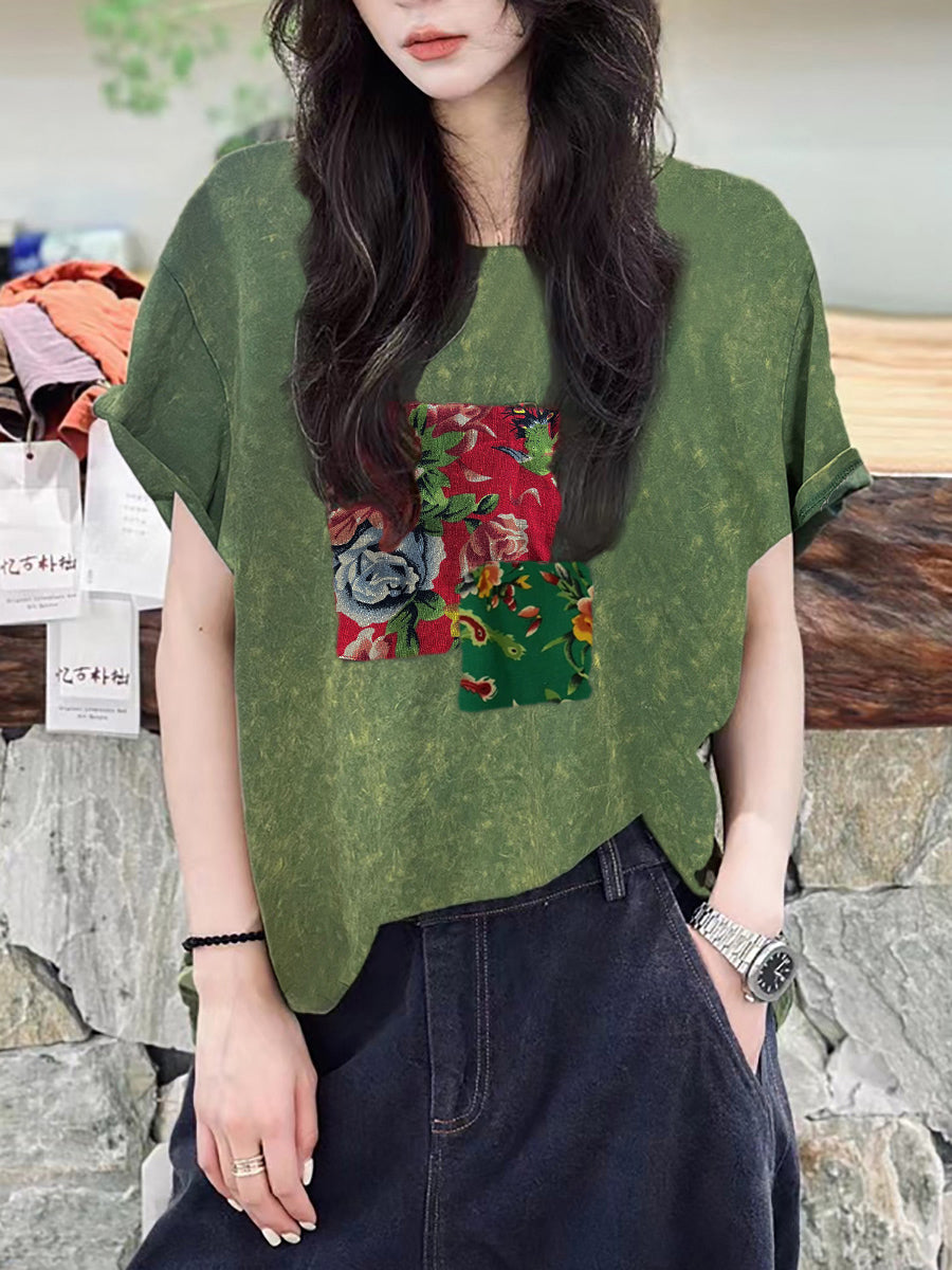 Plus Size Women Summer Patch Spliced 100%Cotton T-Shirt