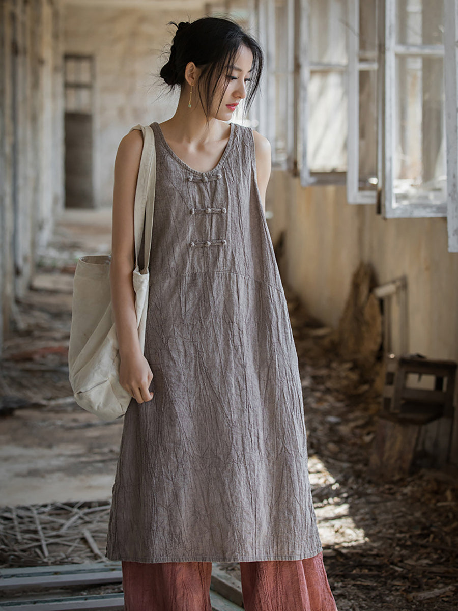 Women Summer Vintage Pure Color Linen Frog Button Vest Dress
