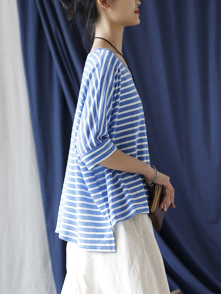 Women Summer Casual Stripe Loose O-Neck T-Shirt