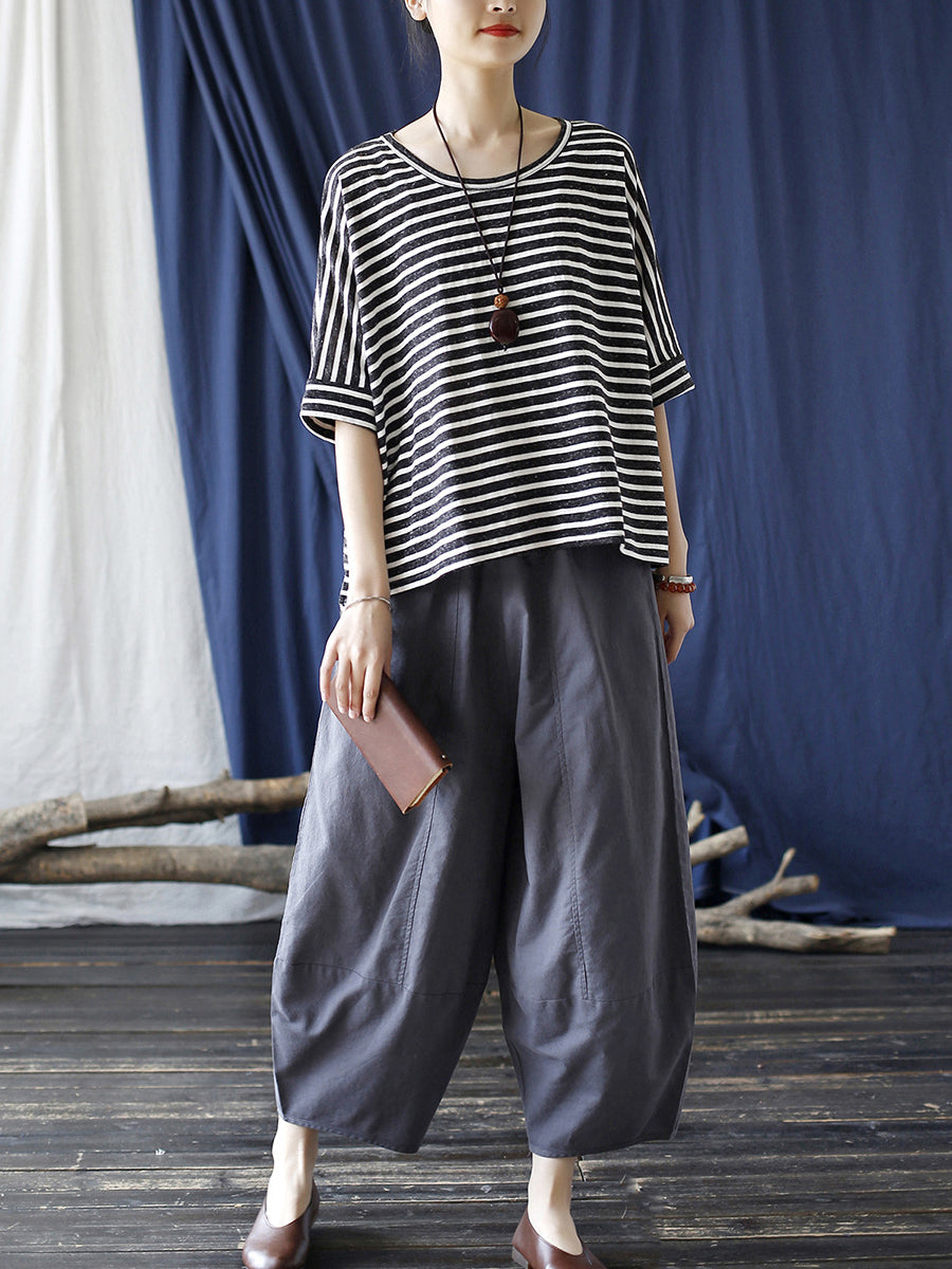 Women Summer Casual Stripe Loose O-Neck T-Shirt