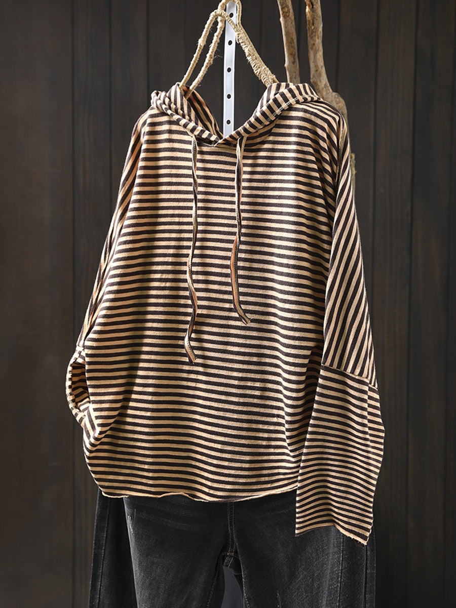 Plus Size Women Autumn Artsy Stripe Cotton Hooded Hoodie