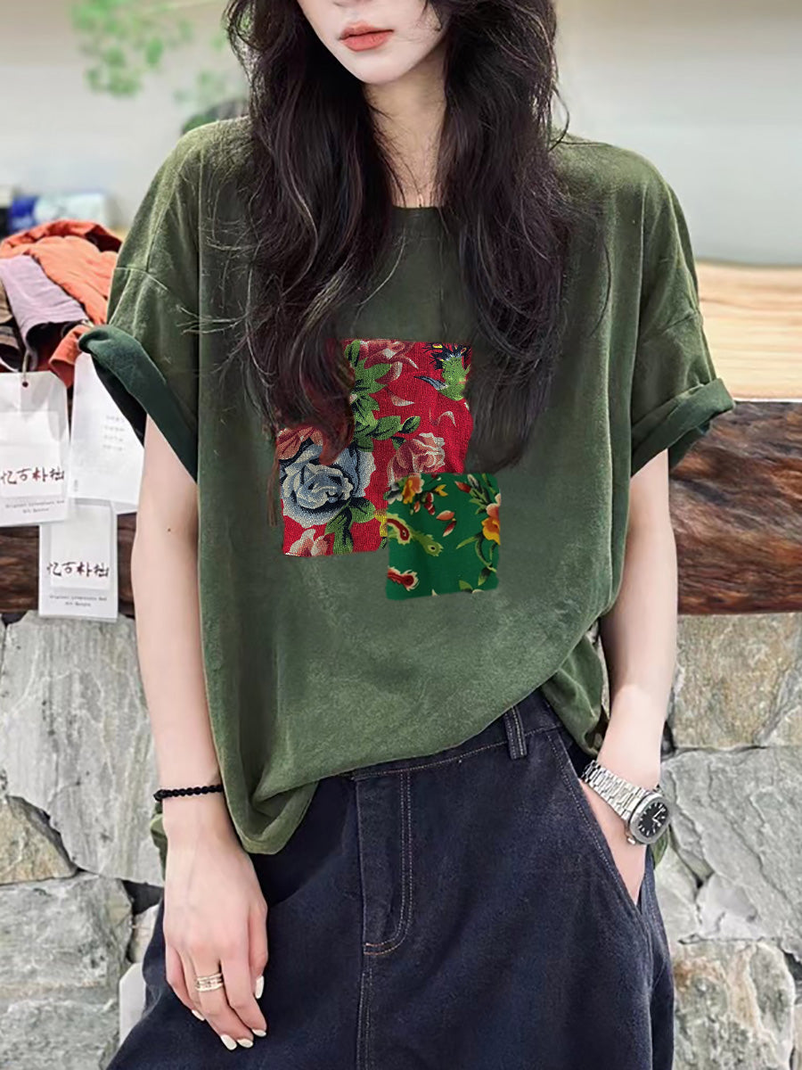 Plus Size Women Summer Patch Spliced 100%Cotton T-Shirt