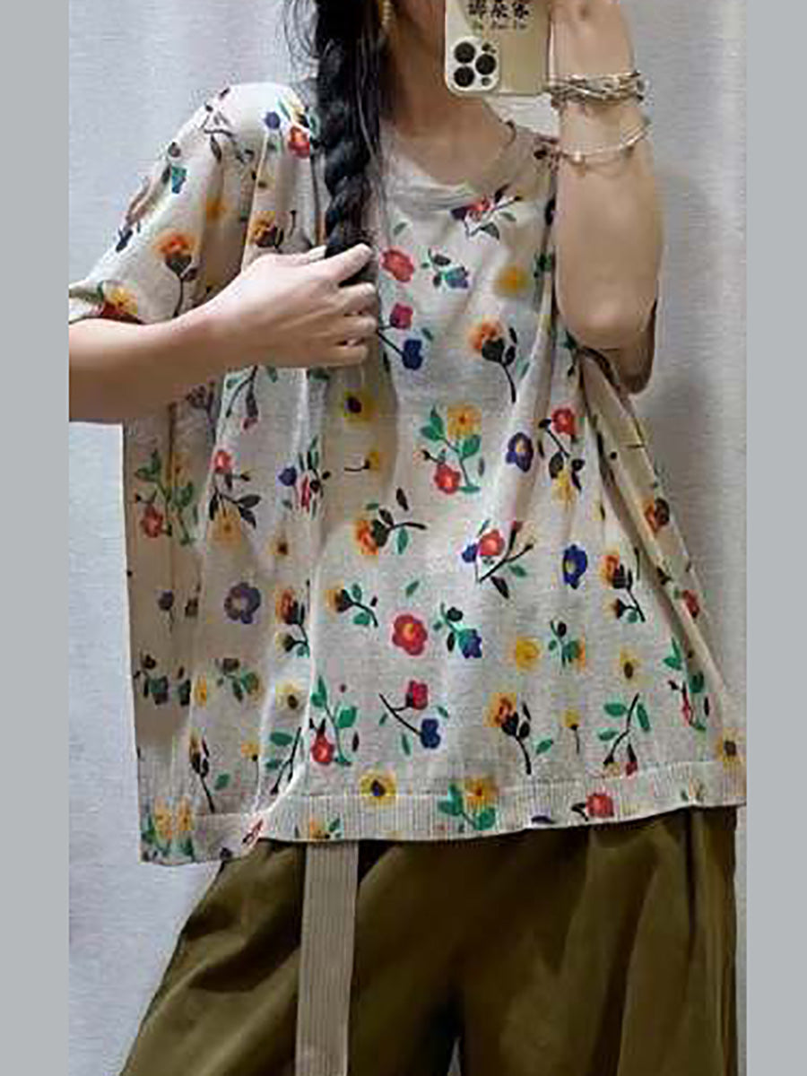 Women Casual Flower Summer Loose Pullover T-Shirt