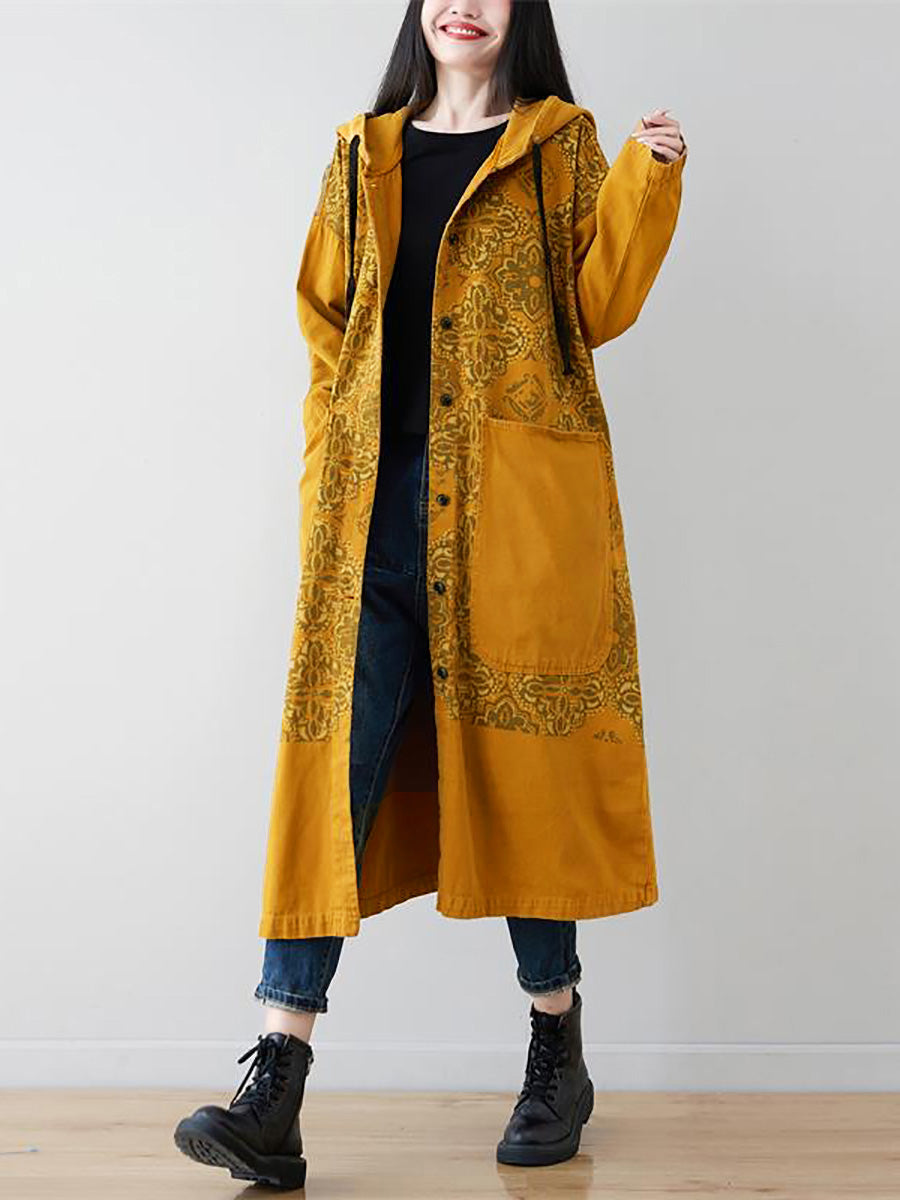 Plus Size Women Artsy Flower Spliced Long Denim Hooded Coat