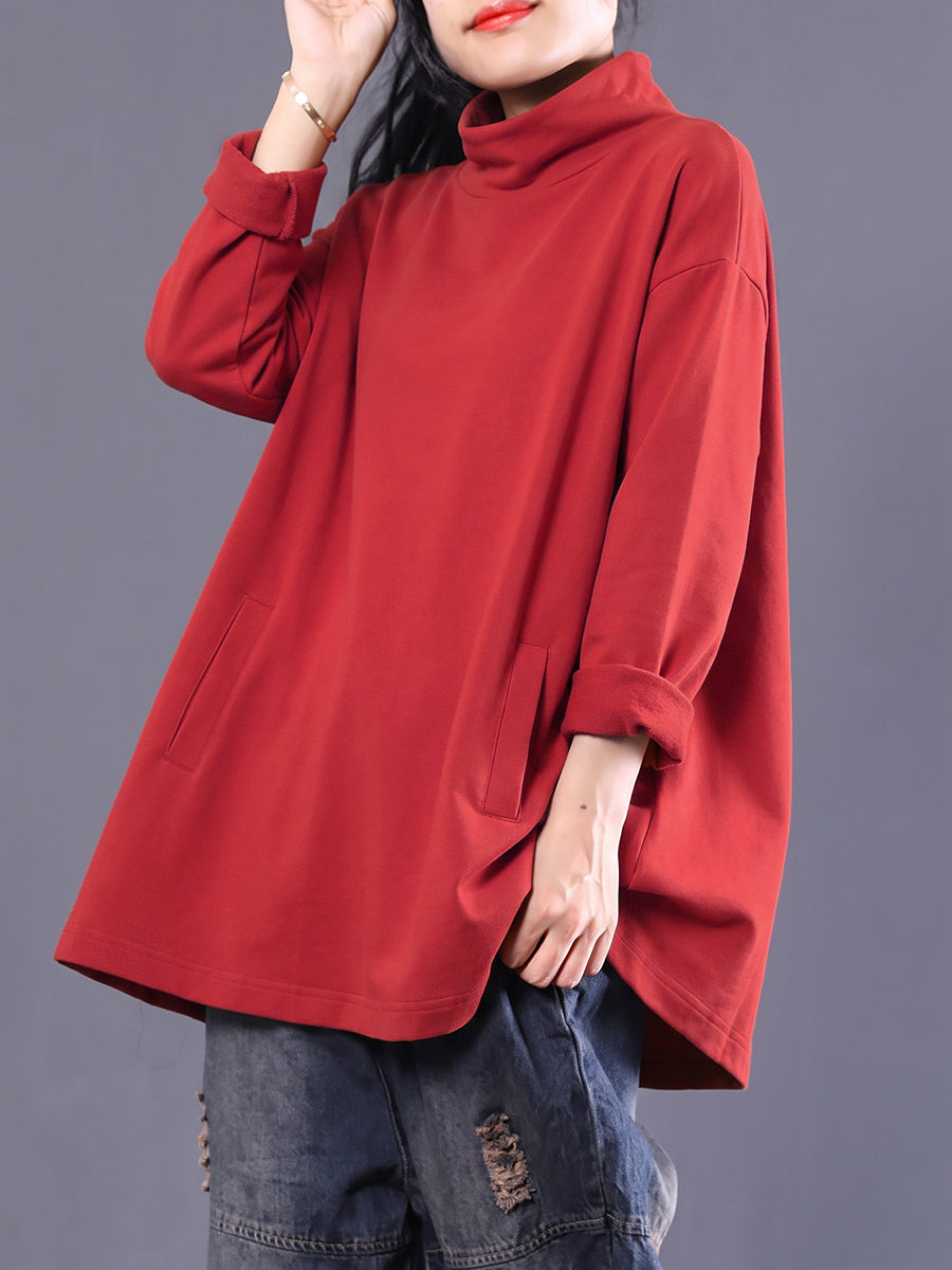 Plus Size Women Casual Pure Color Turtleneck Sweatshirt