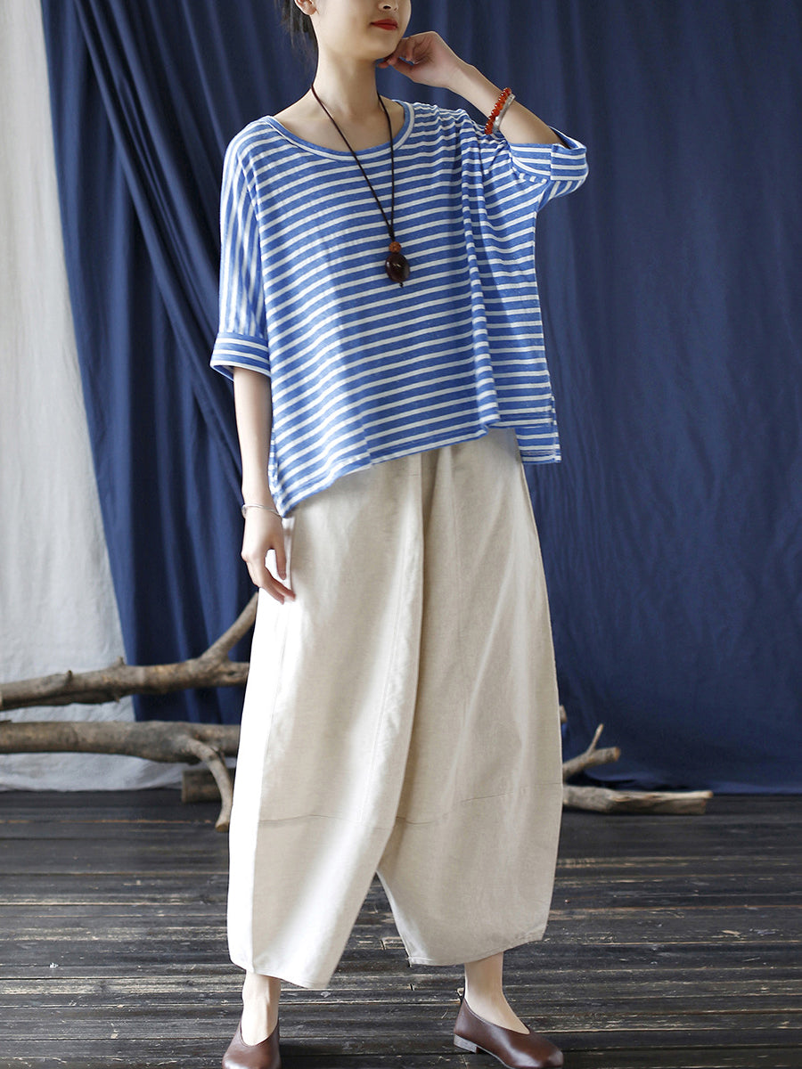 Women Summer Casual Stripe Loose O-Neck T-Shirt