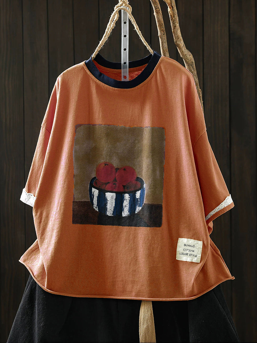 Plus Size Women Summer Casual Print O-Neck Cotton T-Shirt