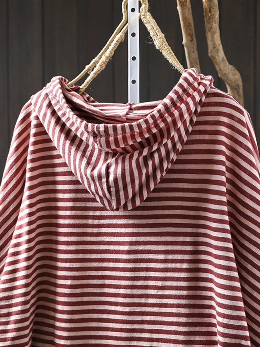 Plus Size Women Autumn Artsy Stripe Cotton Hooded Hoodie