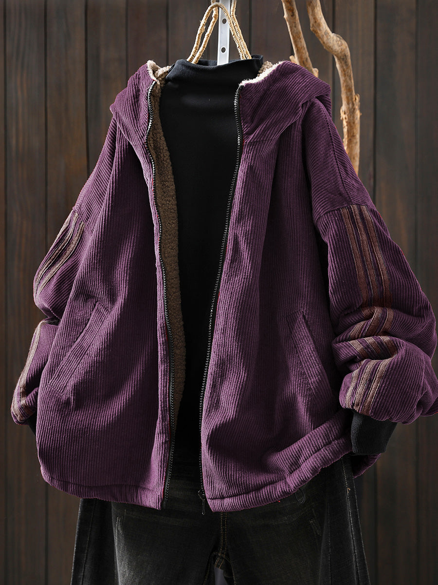 Plus Size Women Autumn Retro Pure Color Hooded Fleece Coat