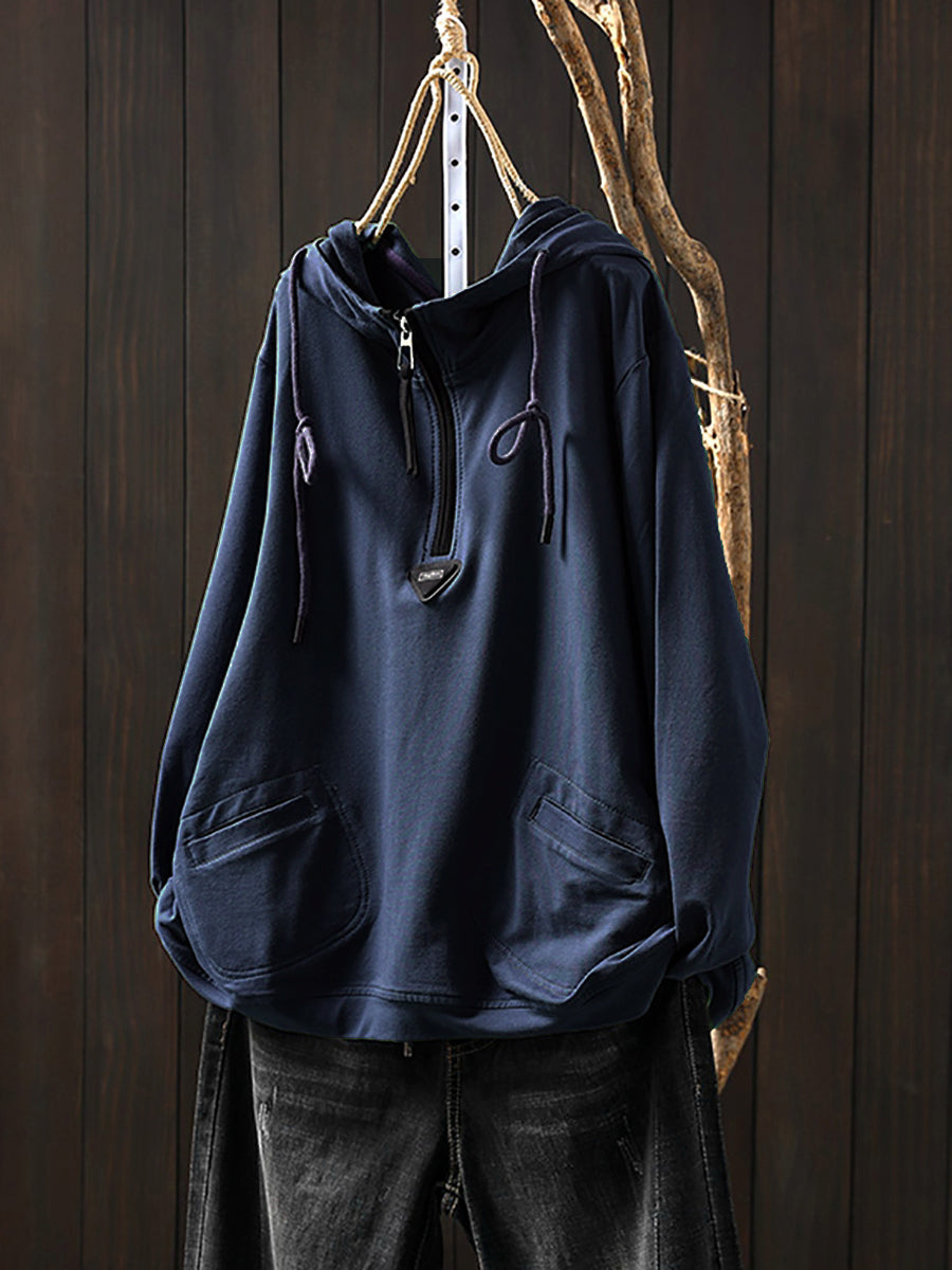 Plus Size Women Casual Autumn Pure Color Cotton Hoodie