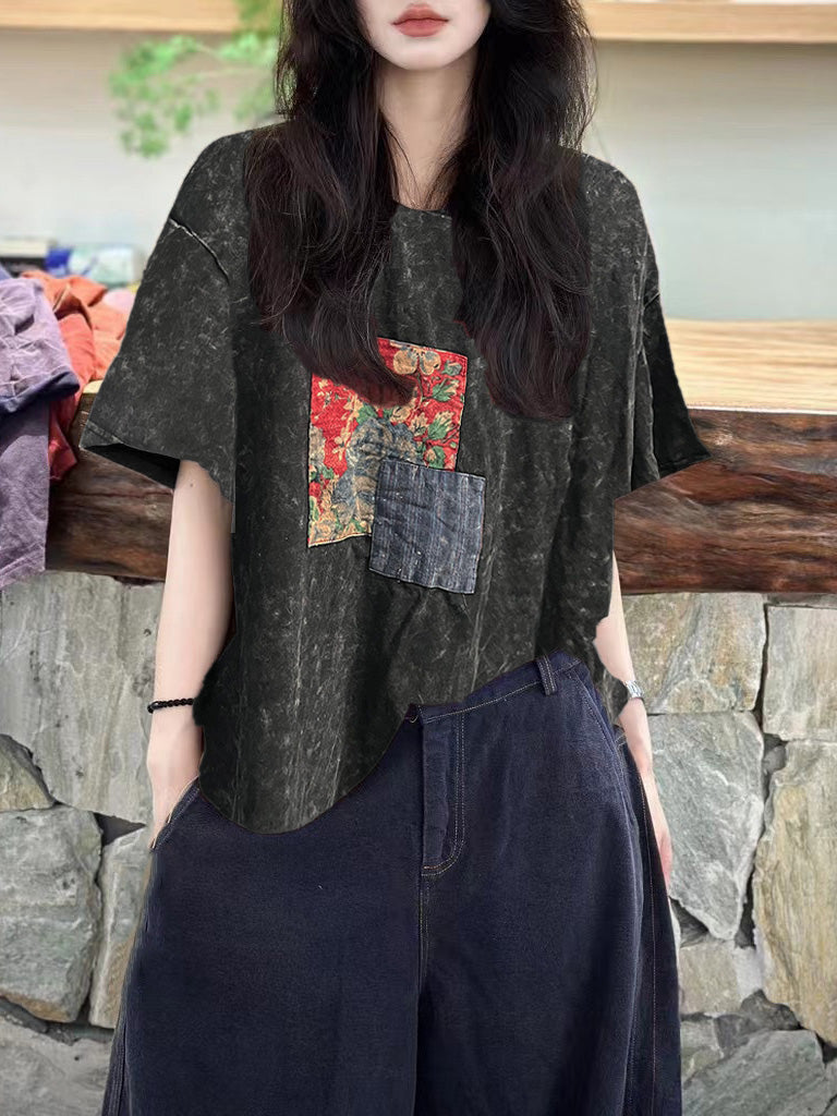 Plus Size Women Summer Patch Spliced 100%Cotton T-Shirt