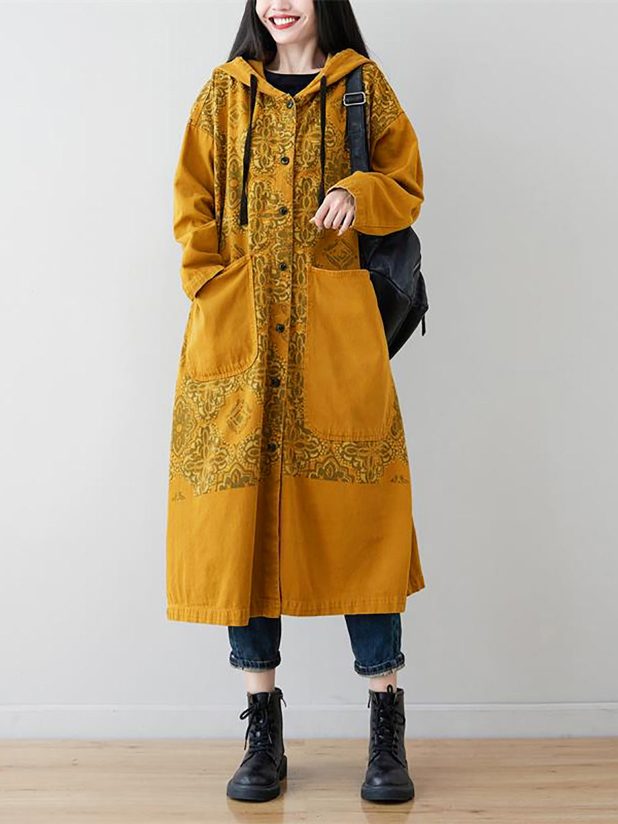 Plus Size Women Artsy Flower Spliced Long Denim Hooded Coat