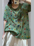 Women Casual Flower Summer Loose Pullover T-Shirt