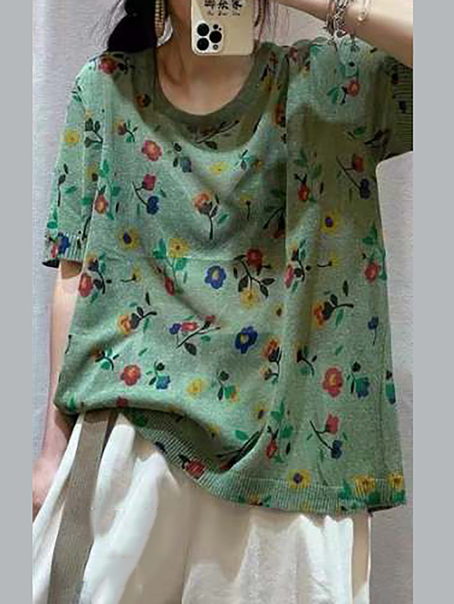 Women Casual Flower Summer Loose Pullover T-Shirt