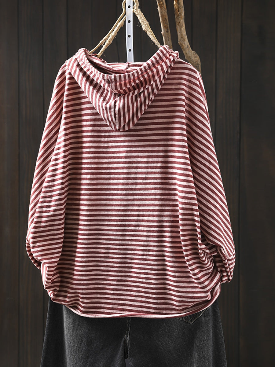 Plus Size Women Autumn Artsy Stripe Cotton Hooded Hoodie