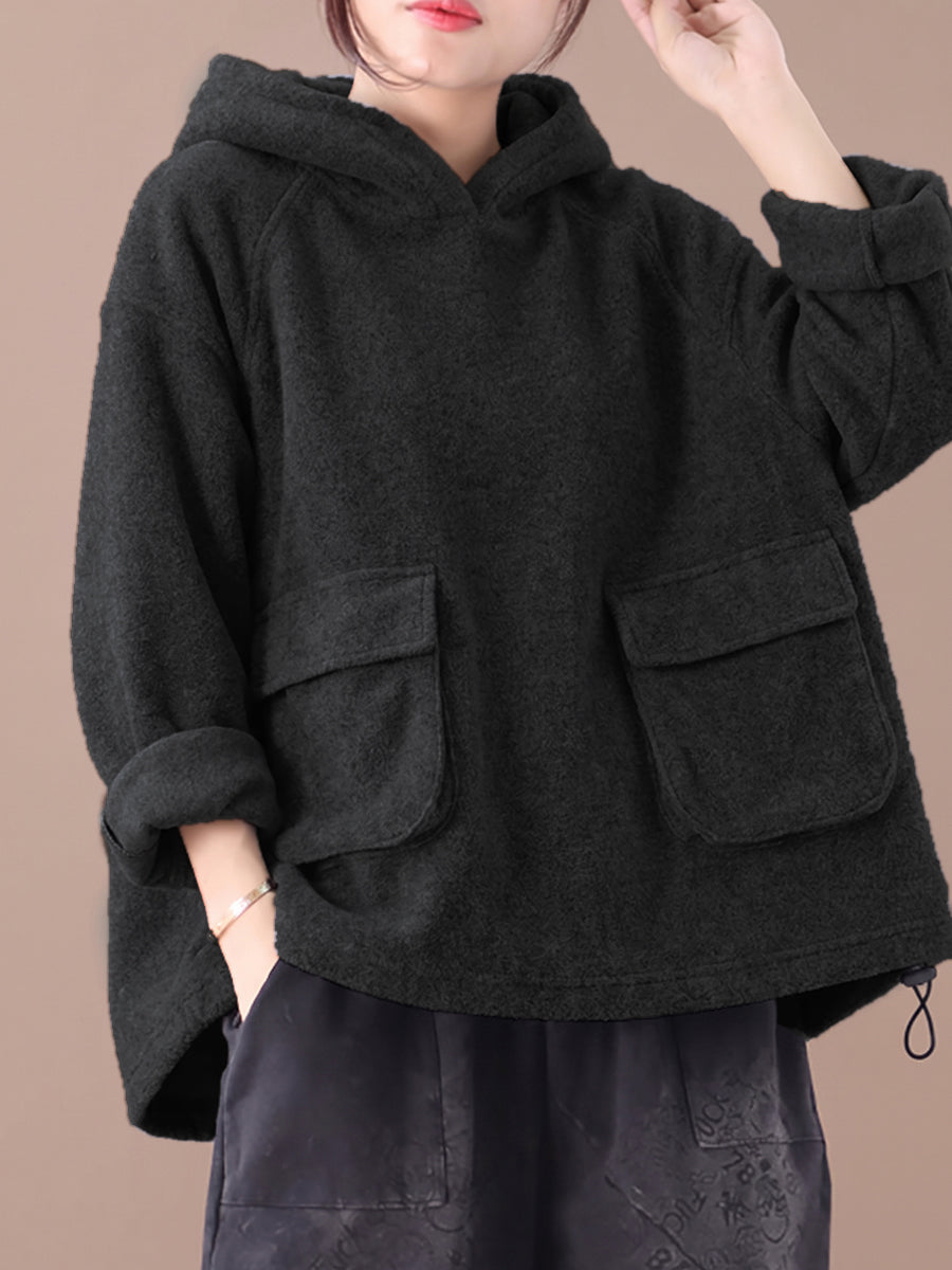 Plus Size Women Casual Solid Color Drawstring Loose Hoodie