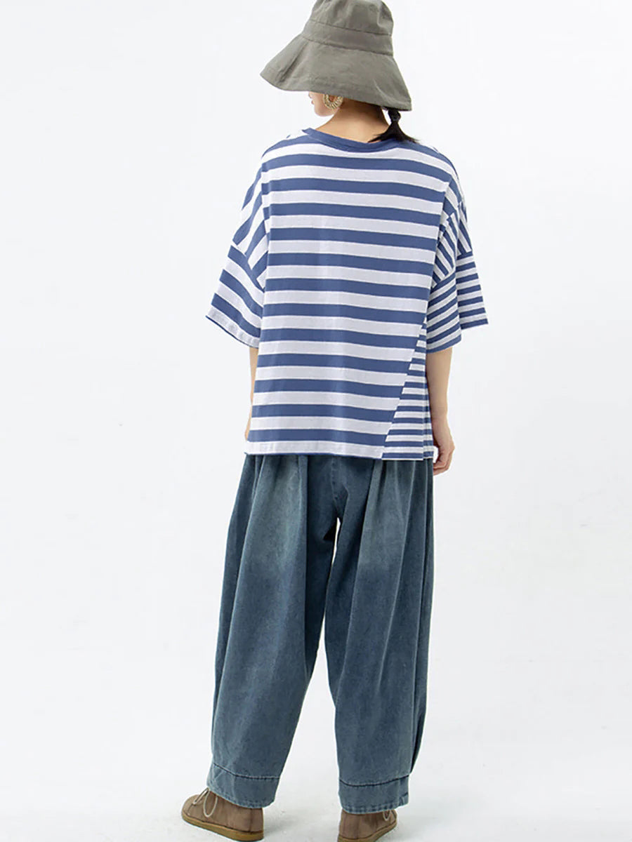 Plus Size - Buykud 100% Cotton Striped Casual T-Shirt