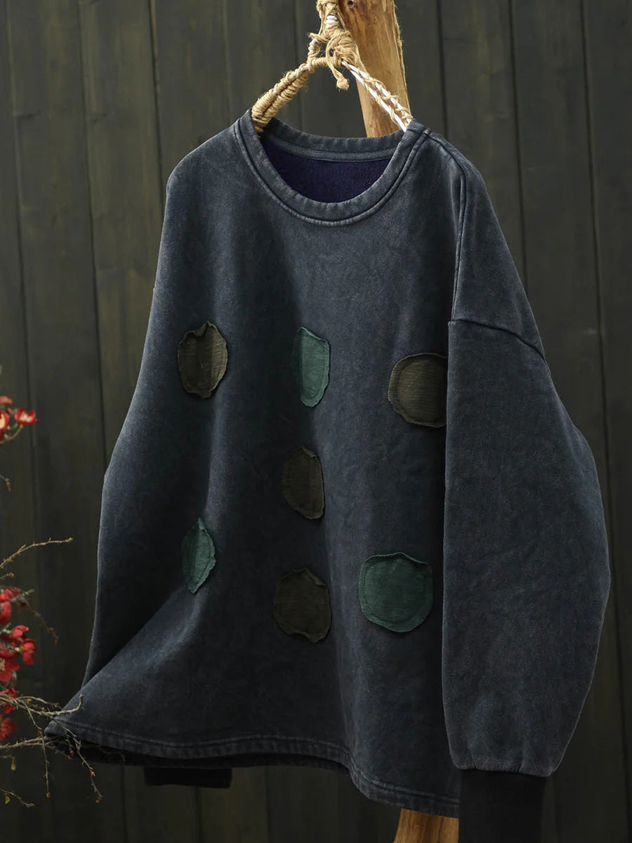 Plus Size Women Autumn Retro Dot Patch 100%Cotton Long Sleeve Shirt