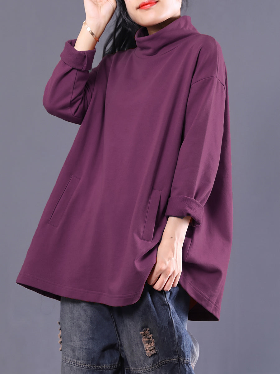 Plus Size Women Casual Pure Color Turtleneck Sweatshirt
