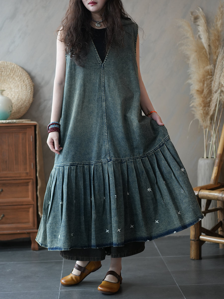 Women Summer Vintage Denim Vest Pleated Dress