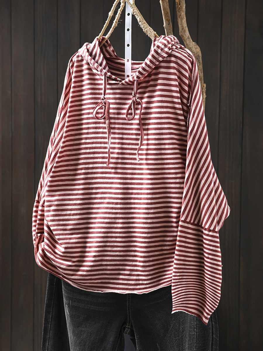 Plus Size Women Autumn Artsy Stripe Cotton Hooded Hoodie